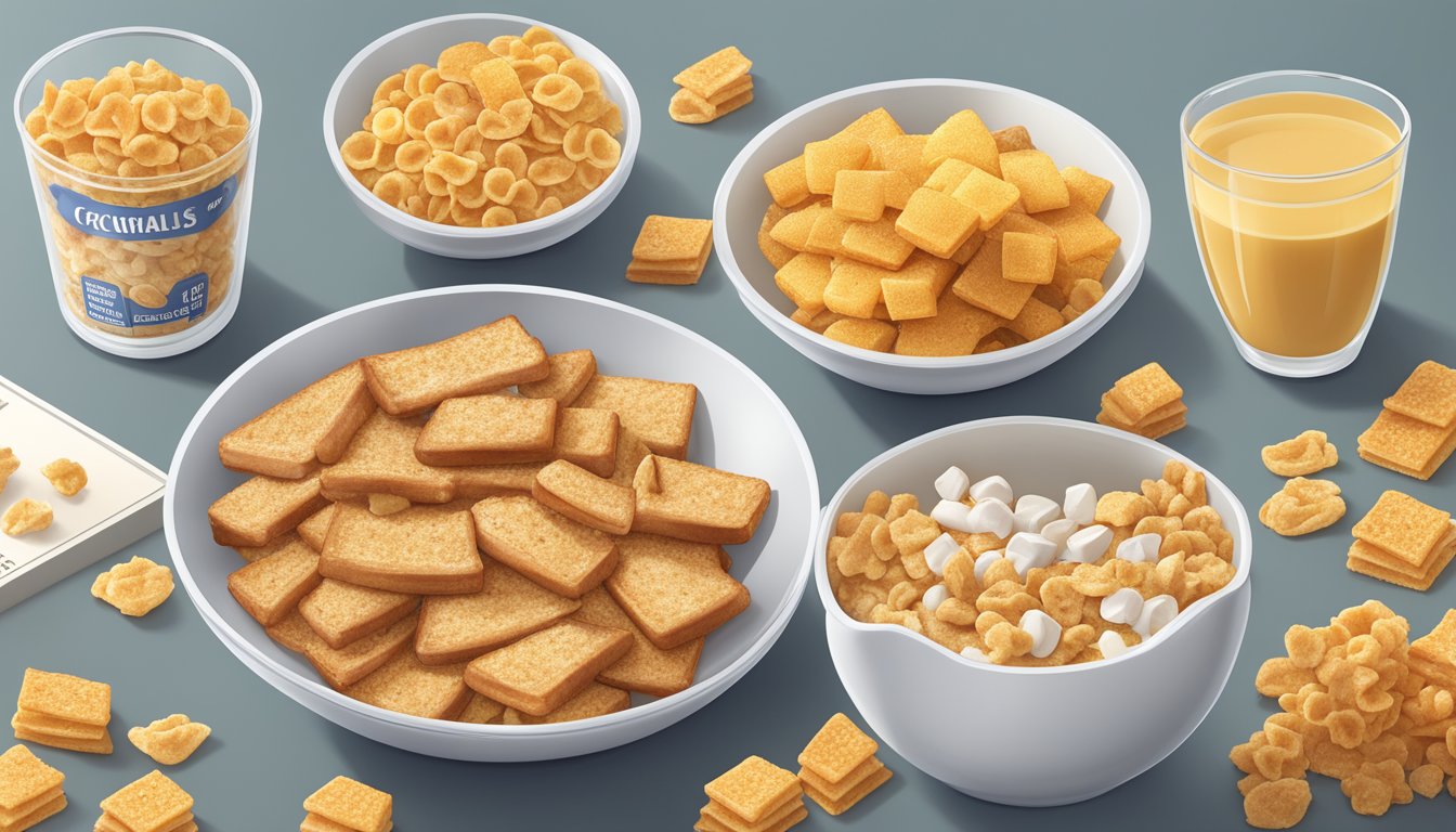 A table with bowls of French Toast Crunch and Honeycomb cereal, surrounded by nutritional labels and a scale for comparison