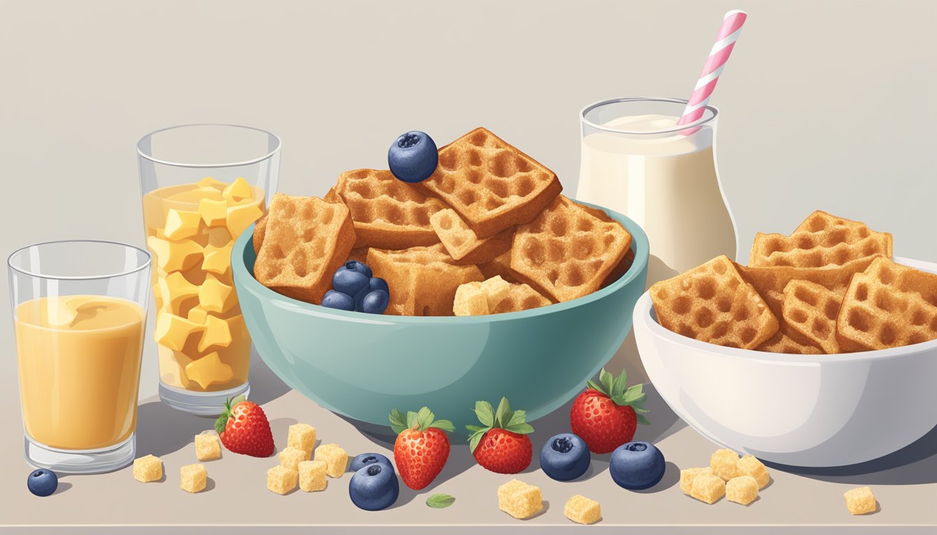 A bowl of French toast crunch and a bowl of honeycomb cereal sit side by side, surrounded by fresh fruits and a glass of milk