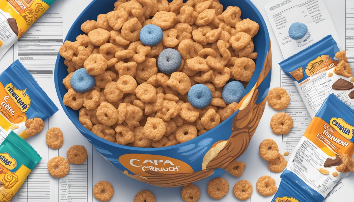 A bowl of Cap'n Crunch and Cocoa Krispies side by side, surrounded by nutritional information labels and a measuring tape