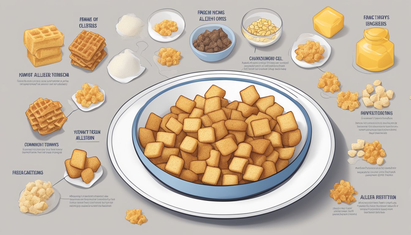 A bowl of French toast crunch and honeycomb cereal with a list of potential allergens and dietary restrictions displayed next to them