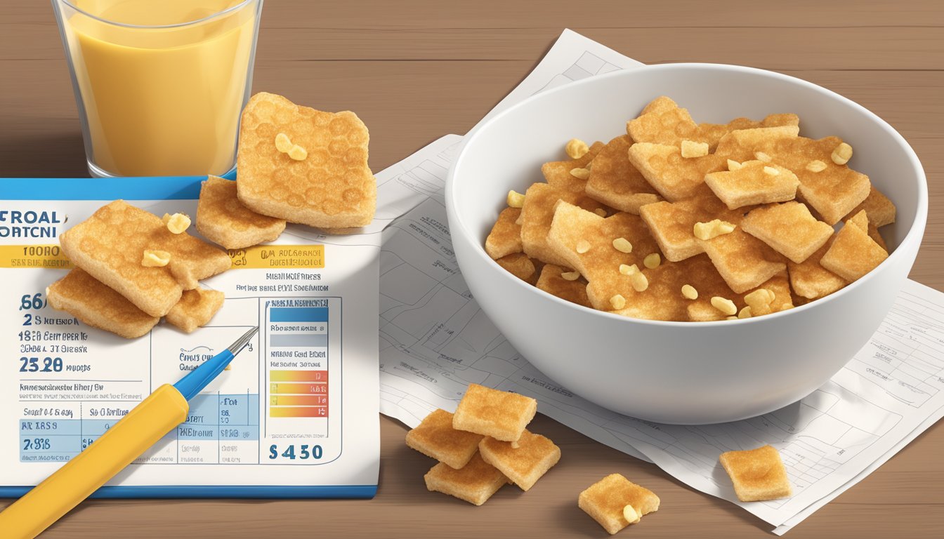 A bowl of French Toast Crunch and Honeycomb cereal next to a measuring tape and nutritional information