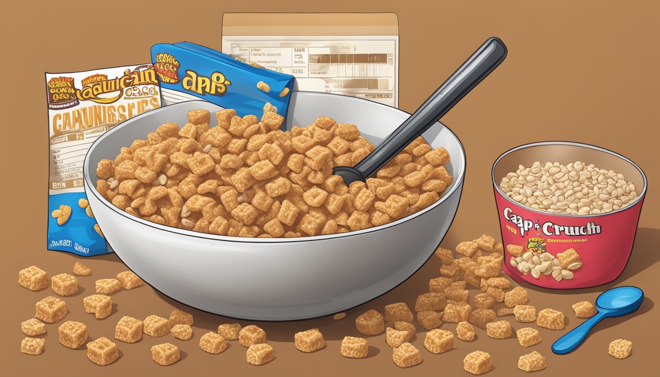 A bowl of Cap'n Crunch and a bowl of Cocoa Krispies with nutritional labels and a magnifying glass for analysis