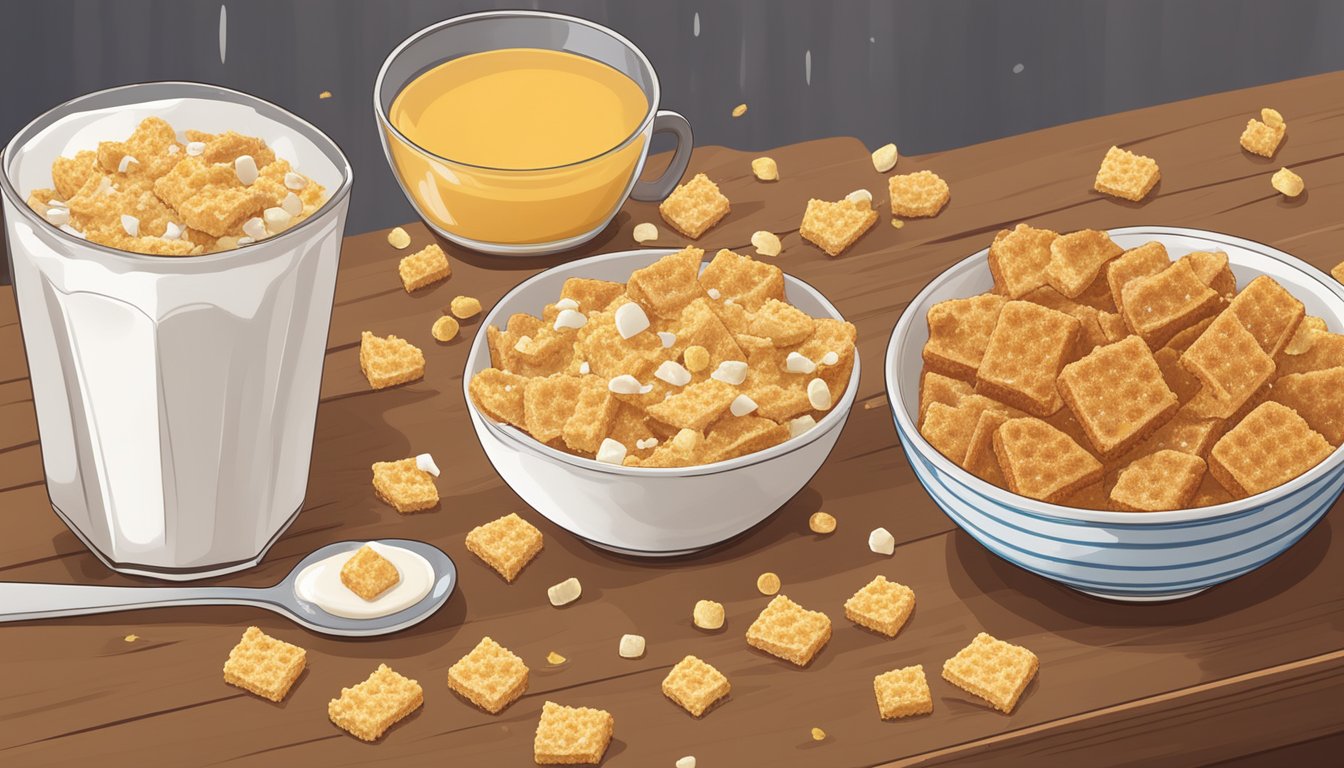 A bowl of French toast crunch and a bowl of honeycomb cereal sit side by side on a wooden table, surrounded by scattered crumbs and spilled milk