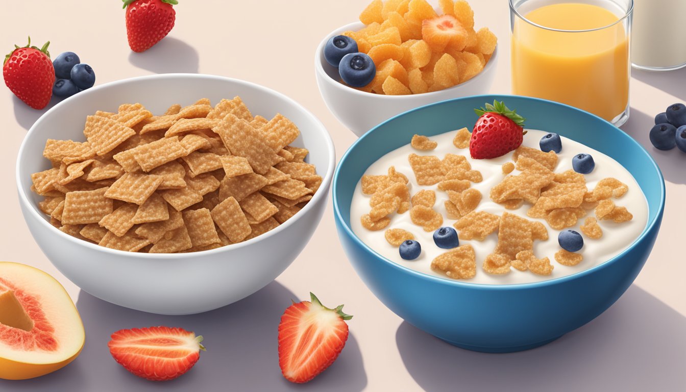 A bowl of Krave and Special K cereal side by side, surrounded by milk and fresh fruit