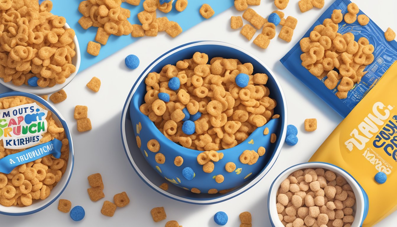 A bowl of Cap'n Crunch and a bowl of Cocoa Krispies side by side, surrounded by nutritional information labels and a measuring tape