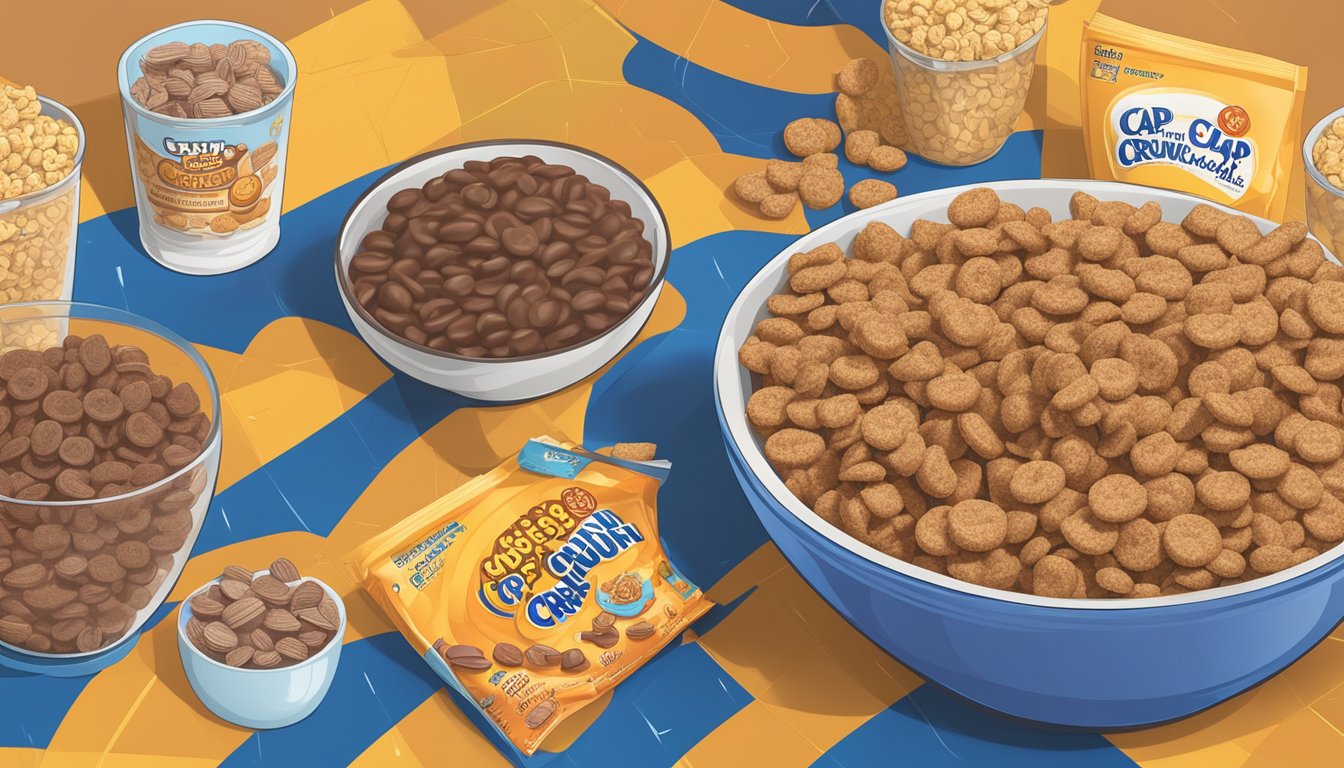 A bowl of Cap'n Crunch and Cocoa Krispies side by side, surrounded by nutritional information labels and a measuring tape