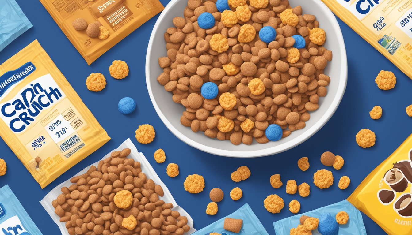 A bowl of Cap'n Crunch and Cocoa Krispies surrounded by nutritional labels and a scale