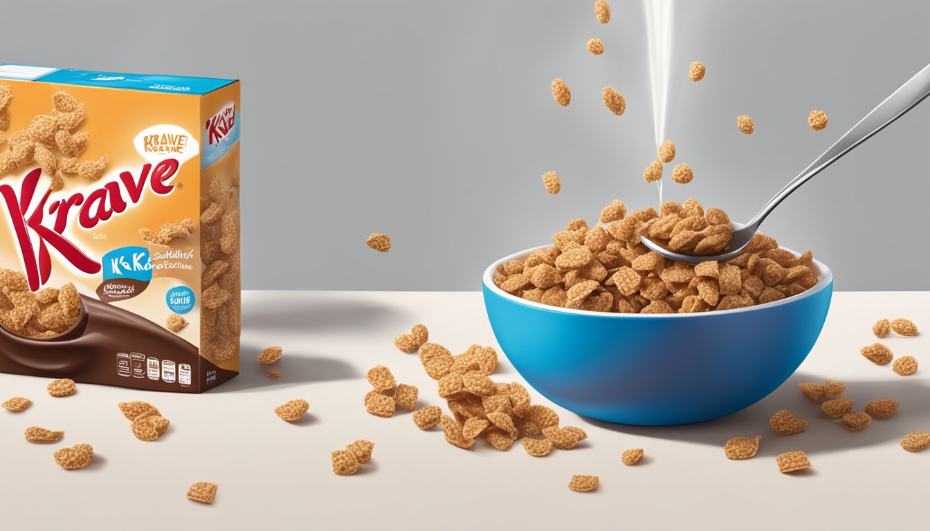 A bowl of Krave and Special K cereal side by side, with milk pouring over them. The Krave has a rich, chocolatey texture, while the Special K has a lighter, flakier appearance