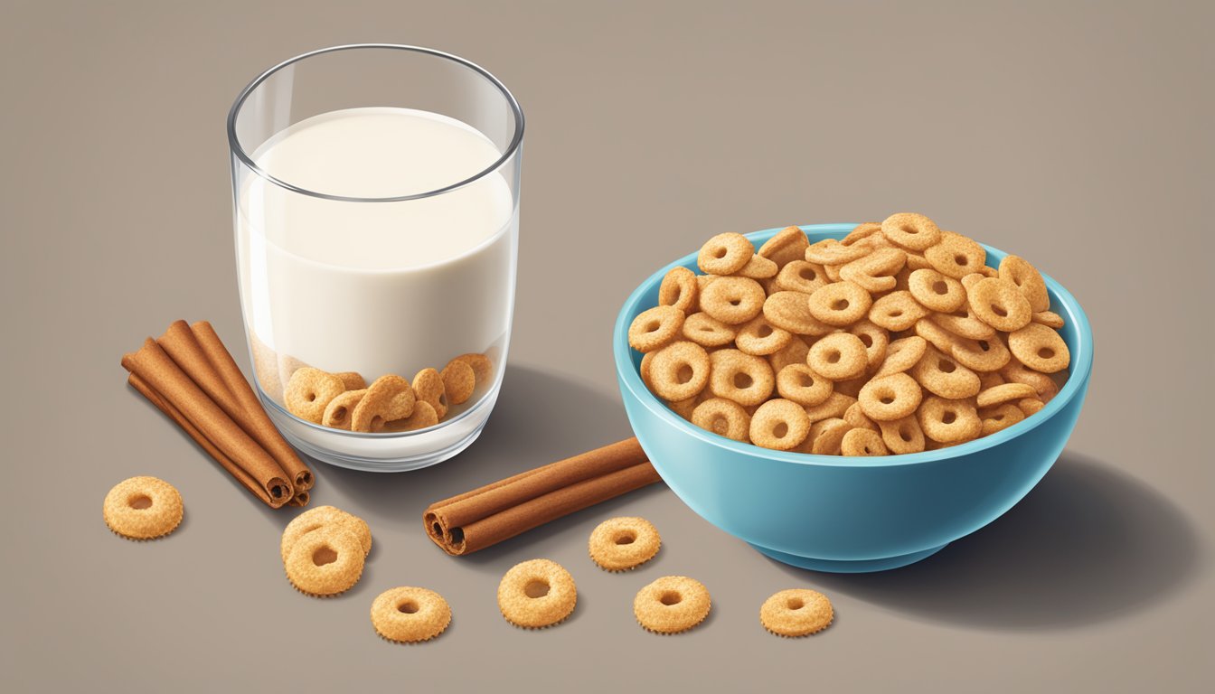 A bowl of Cheerios and a bowl of Cinnamon Toast Crunch side by side, with a glass of milk next to each