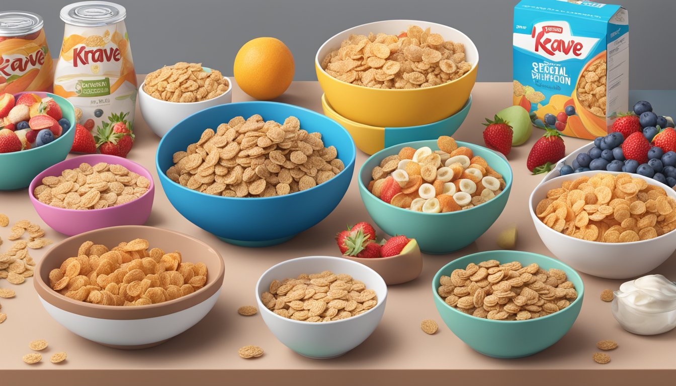 A table with bowls of Krave and Special K cereal, surrounded by various fruits and nutrition labels