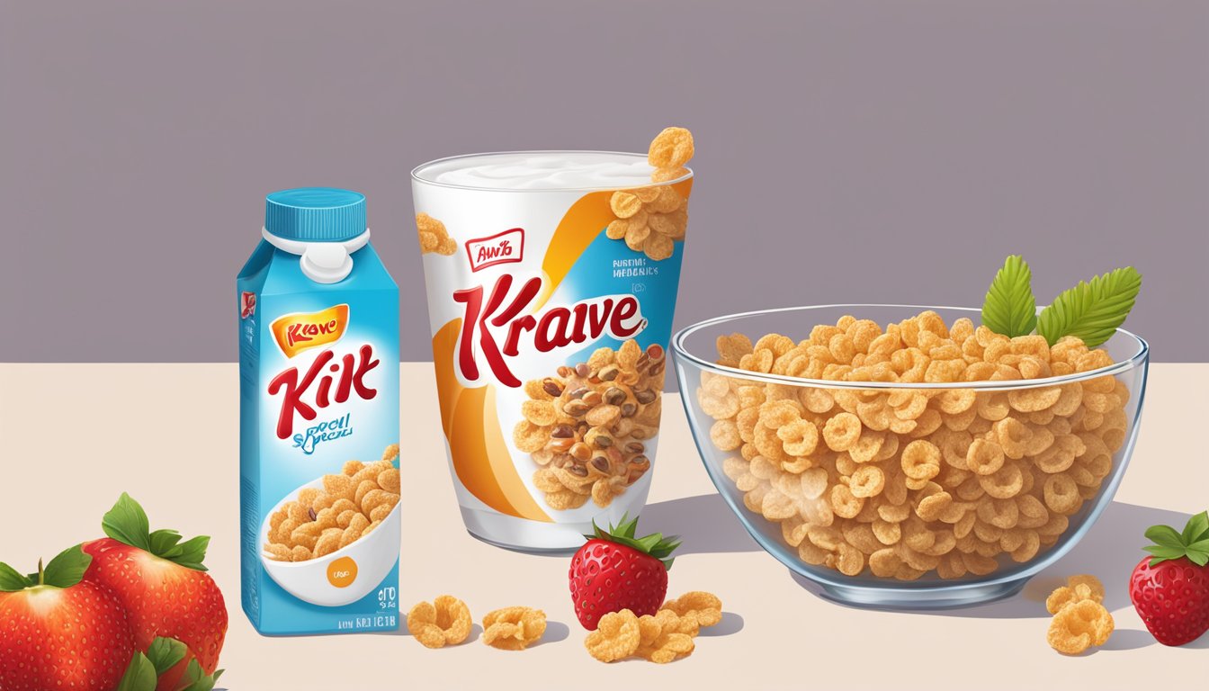 A bowl of Krave cereal next to a bowl of Special K, surrounded by fresh fruit and a glass of milk