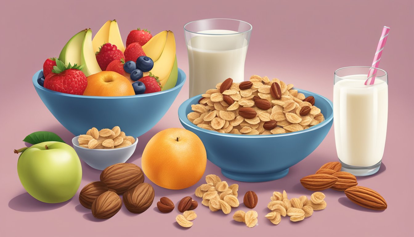 A bowl of Krave and Special K cereals surrounded by fresh fruits, nuts, and a glass of milk, representing a balanced diet choice