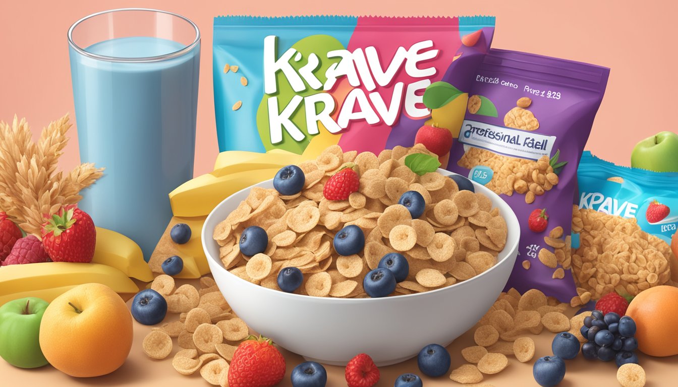 A bowl of Krave and Special K cereal surrounded by various fruits and a measuring tape, with a nutrition label and marketing claims in the background