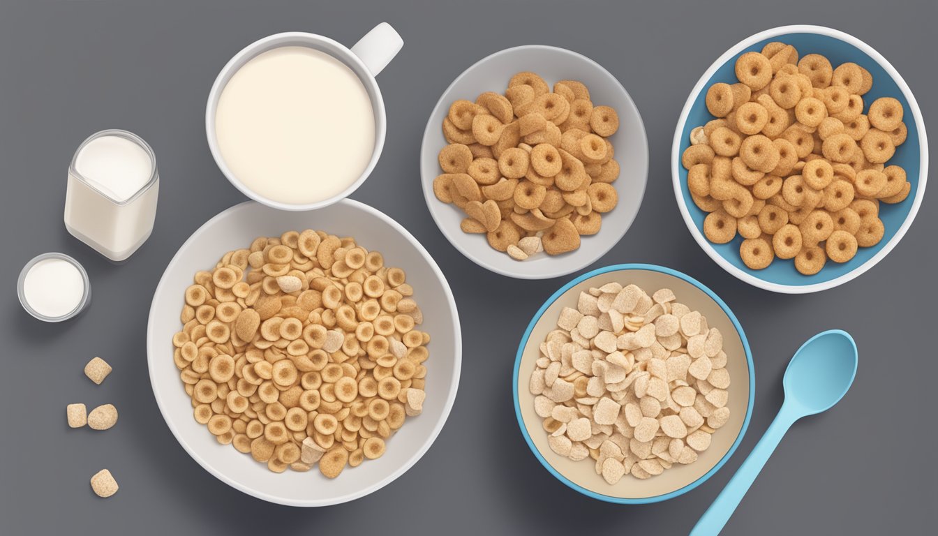 A bowl of Cheerios and a bowl of Cinnamon Toast Crunch sit side by side, surrounded by measuring cups of milk and scattered whole grain oats