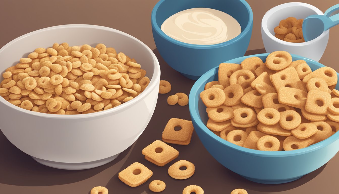 A bowl of Cheerios and a bowl of Cinnamon Toast Crunch sit side by side on a table, surrounded by measuring cups and nutritional information