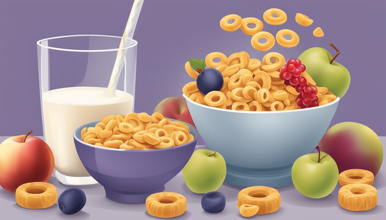 A bowl of Cheerios and a bowl of Post Grape Nuts Flakes surrounded by various fruits and a glass of milk, with a measuring tape in the background