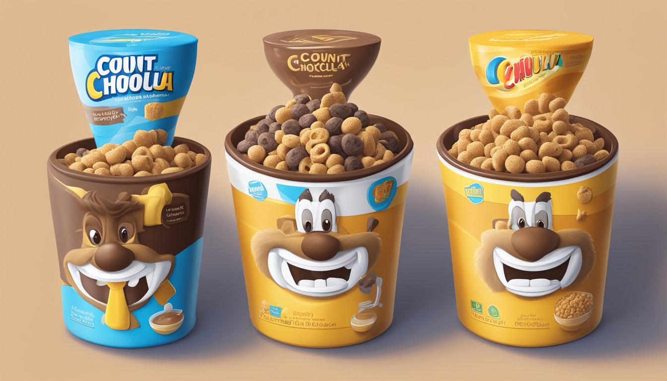 A bowl of Count Chocula cereal and a bowl of Honey Oh's cereal side by side with a spoon resting on the edge of each bowl