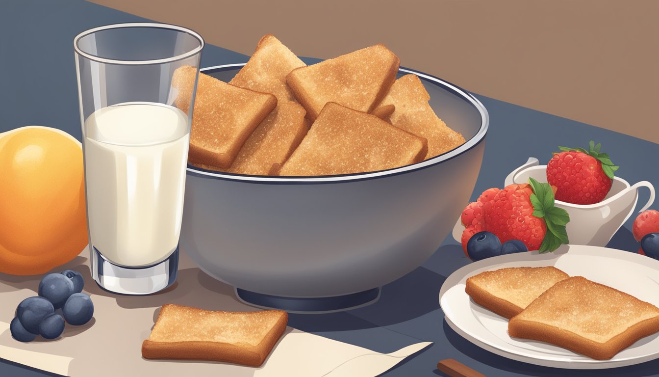 A bowl of cinnamon toast crunch next to a plate of French toast crunch, surrounded by fresh fruits and a glass of milk