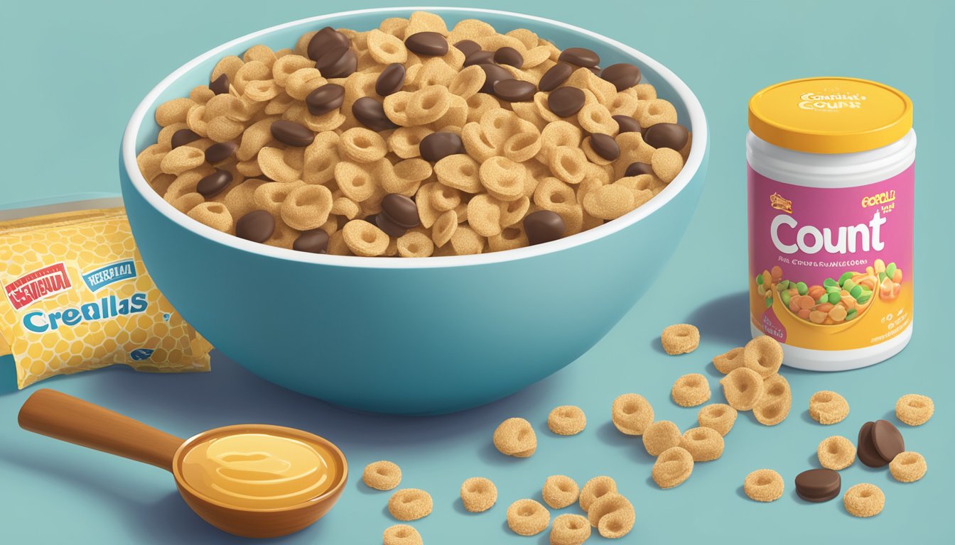 A bowl of Count Chocula cereal next to a bowl of Honey Ohs cereal, surrounded by nutritional labels and a measuring tape