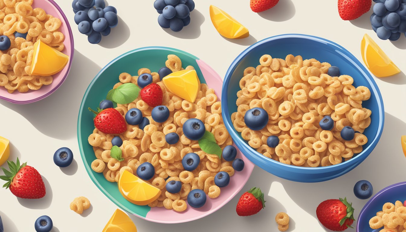 A bowl of Crispix and Kaboom cereals side by side, surrounded by fresh fruits and a glass of milk