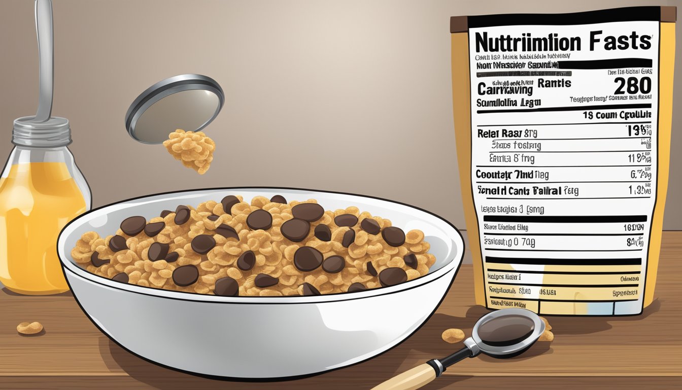 A bowl of Count Chocula and Honey Ohs cereal next to a nutrition label with a magnifying glass examining the ingredients