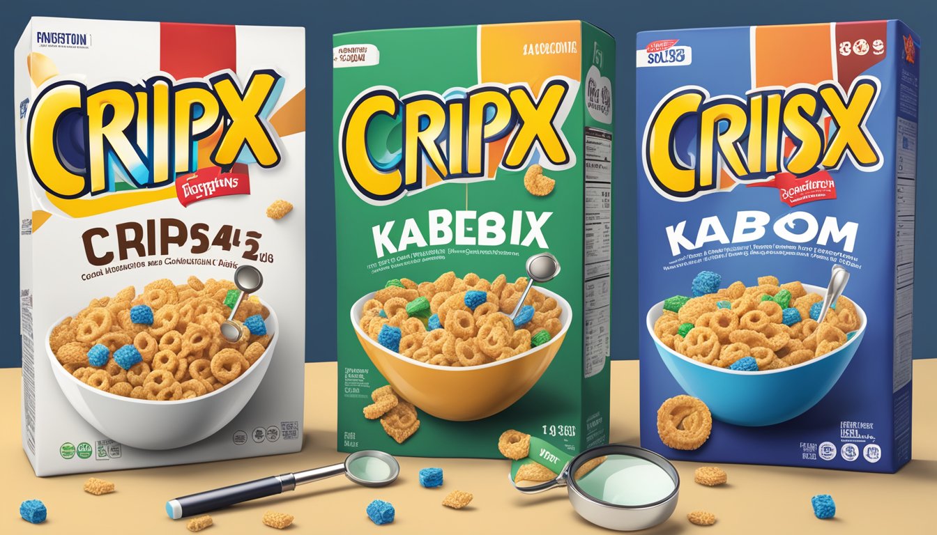 A bowl of Crispix and Kaboom cereal side by side with nutritional labels and a magnifying glass for comparison