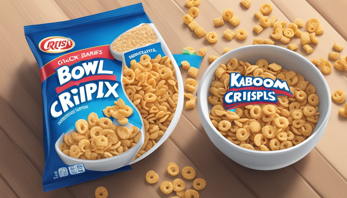 A bowl of Crispix and Kaboom cereal side by side, with a measuring tape and nutrition labels in the background for comparison