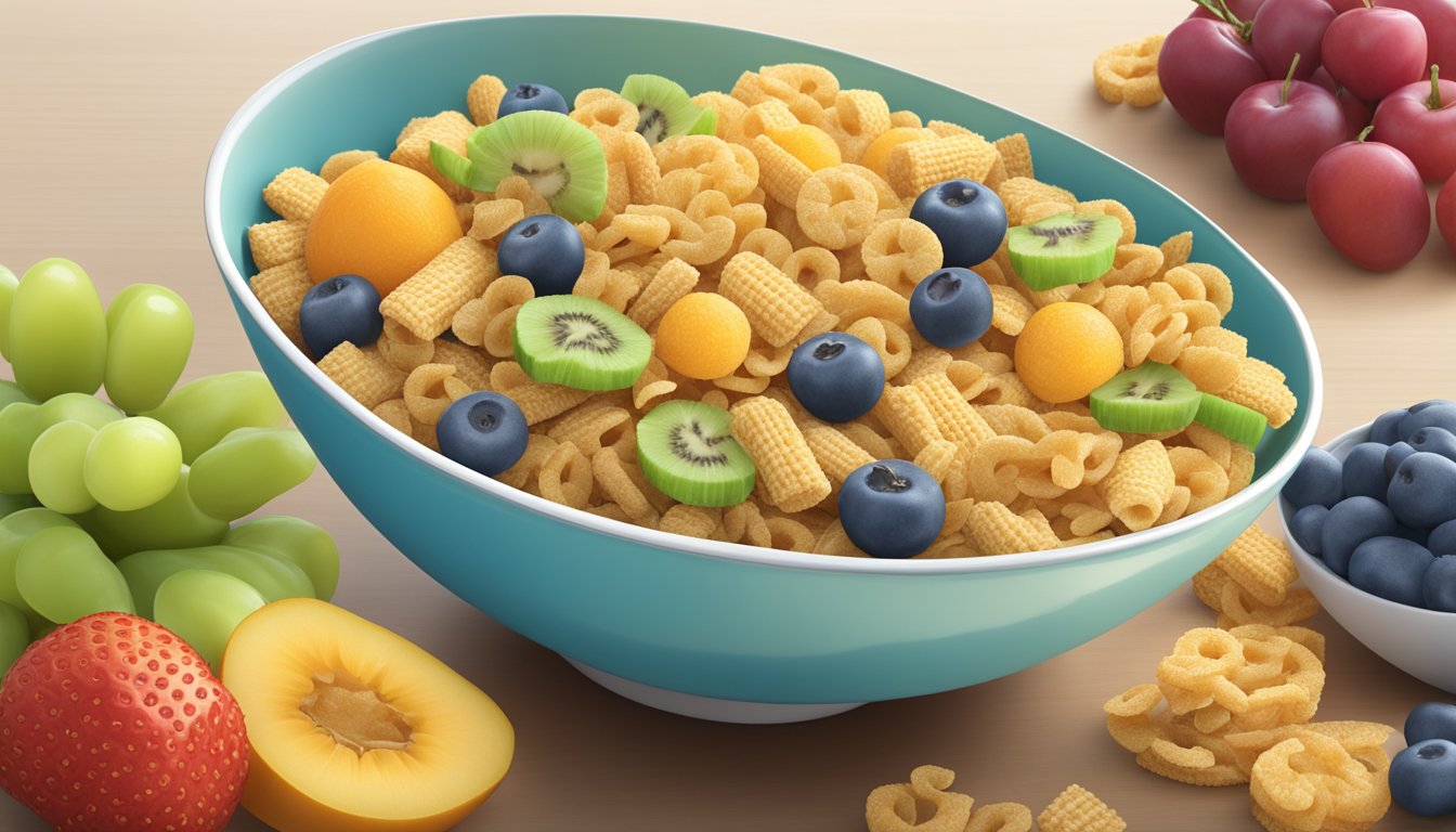 A bowl of Crispix and Kaboom cereal next to a variety of fresh fruits and vegetables, with a measuring tape and nutritional information nearby