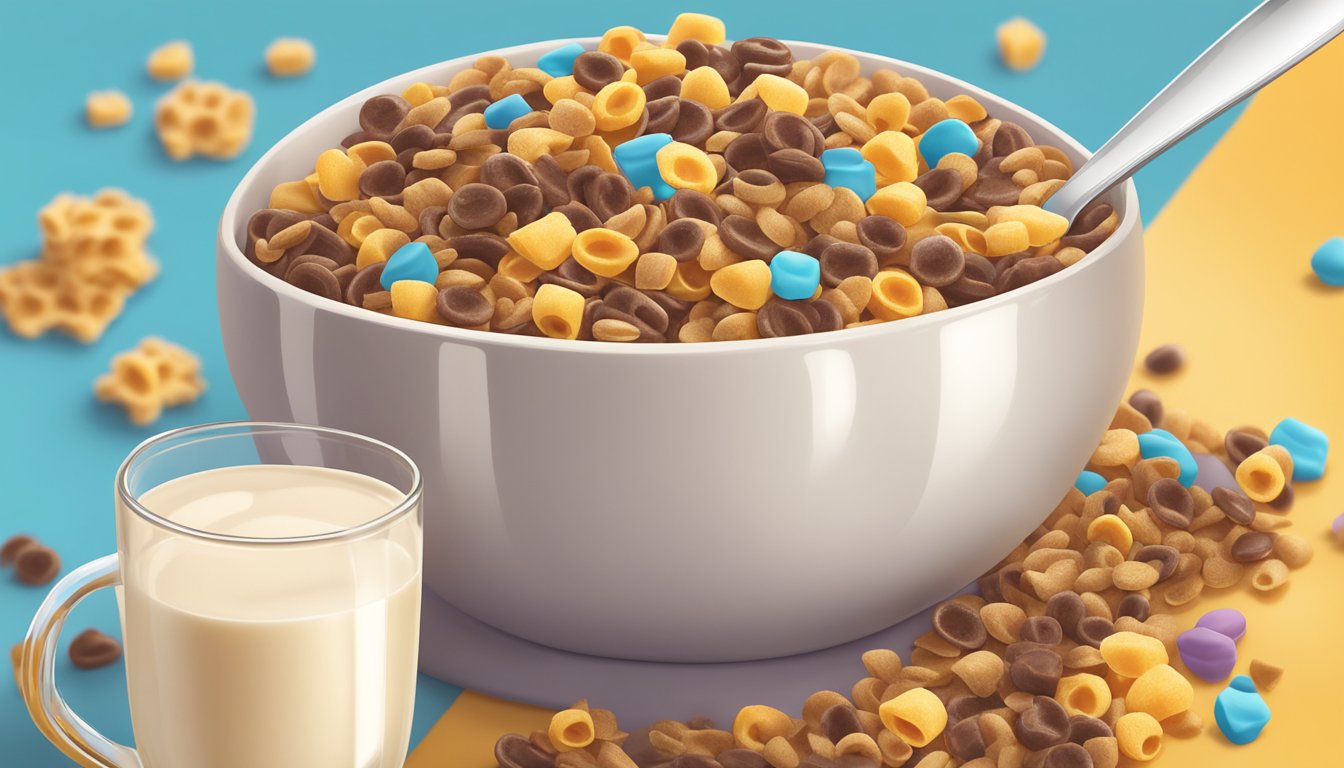 A bowl of Count Chocula and Honey Ohs cereal side by side, with a glass of milk and a spoon, surrounded by scattered cereal pieces