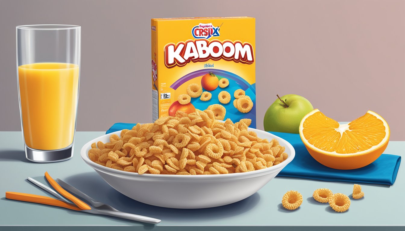 A bowl of Crispix and Kaboom cereal sit side by side on a kitchen table, surrounded by a glass of orange juice and a plate of fresh fruit