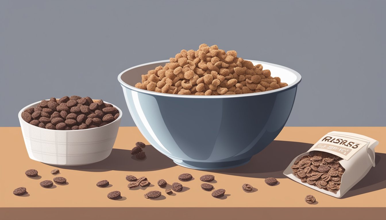 A bowl of Cocoa Krispies and a bowl of Post Raisin Bran sit side by side, surrounded by nutritional labels and a measuring tape