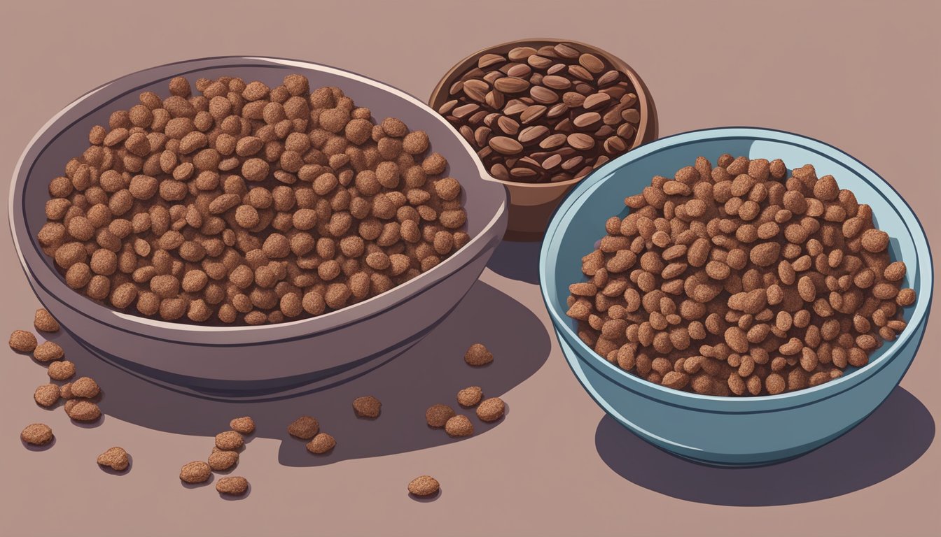 A bowl of Cocoa Krispies and a bowl of Post Raisin Bran sit side by side, surrounded by scattered cocoa and raisins. The Cocoa Krispies appear more vibrant and sugary, while the Raisin Bran looks more subdued and wholesome