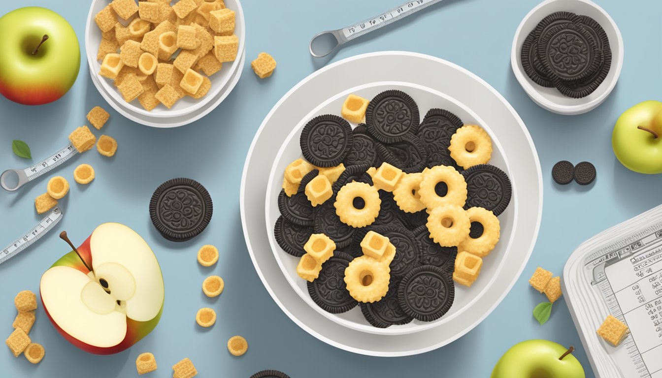 A bowl of Oreo O's and honeycomb cereal next to each other, with a measuring tape and apple to indicate healthiness