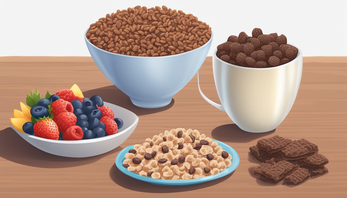 A bowl of Cocoa Krispies and a bowl of Post Raisin Bran sit side by side, surrounded by a variety of fresh fruits and a glass of milk