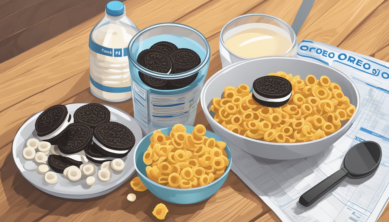 A honeycomb and a box of Oreo O's cereal sit side by side on a wooden table. A nutrition label and a magnifying glass are next to them, as if someone is comparing their nutritional content