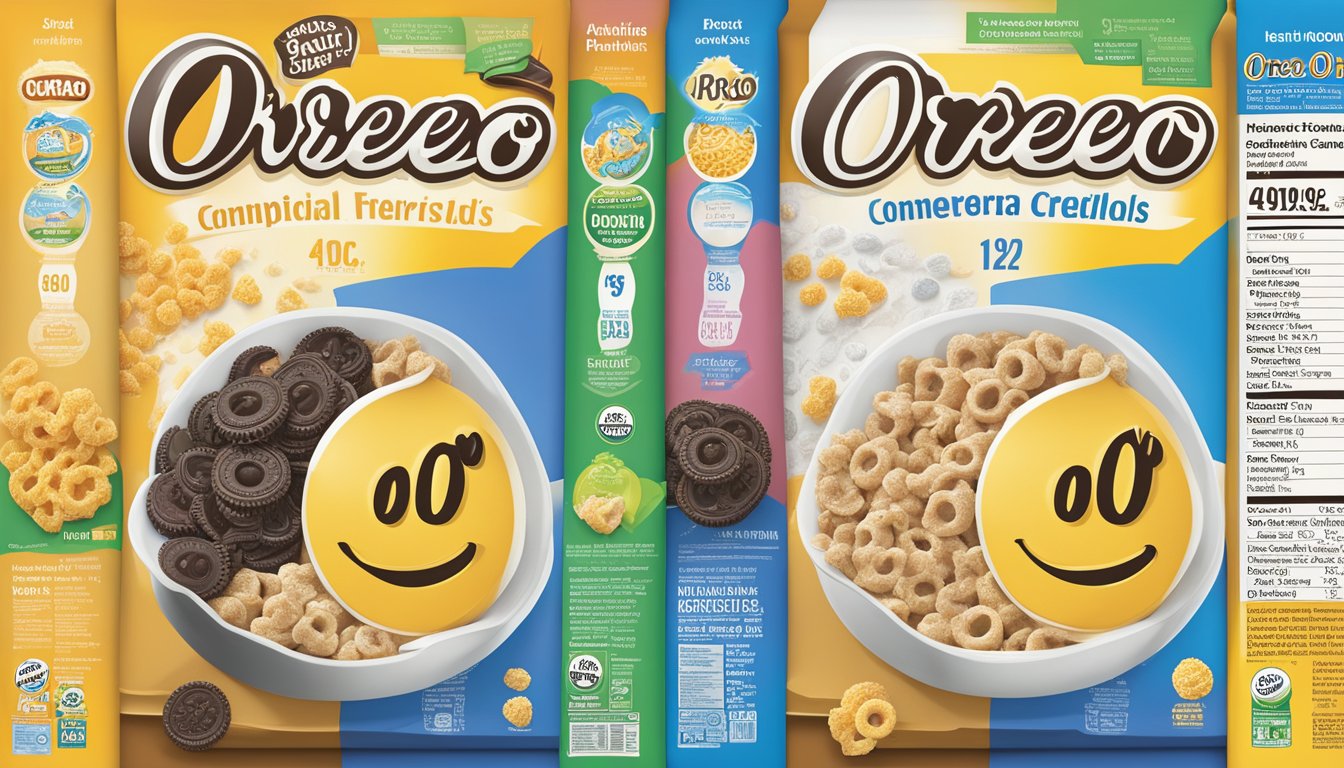 A comparison of Honeycomb and Oreo O's cereal boxes with historical imagery and nutritional information displayed