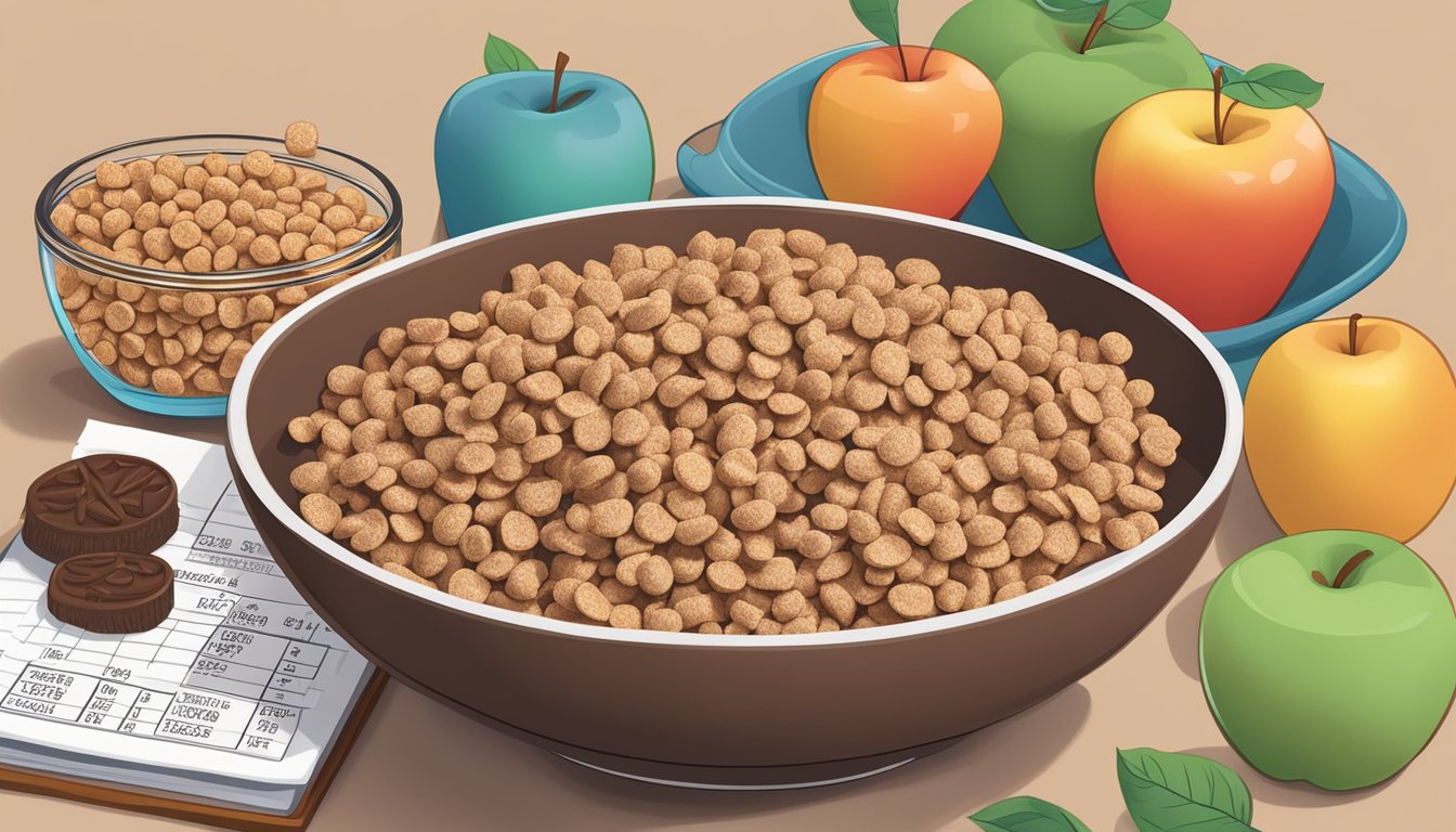 A bowl of cocoa krispies and a bowl of apple jacks surrounded by nutritional information labels and a scale