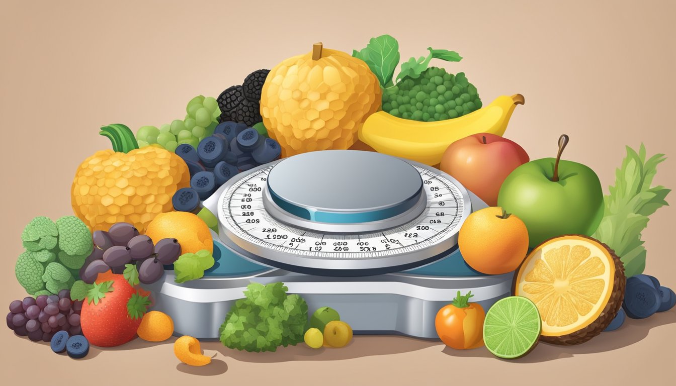 A honeycomb and an oreo cookie sit on a scale, surrounded by a variety of fruits and vegetables. A nutrition label and a doctor's stethoscope are also present