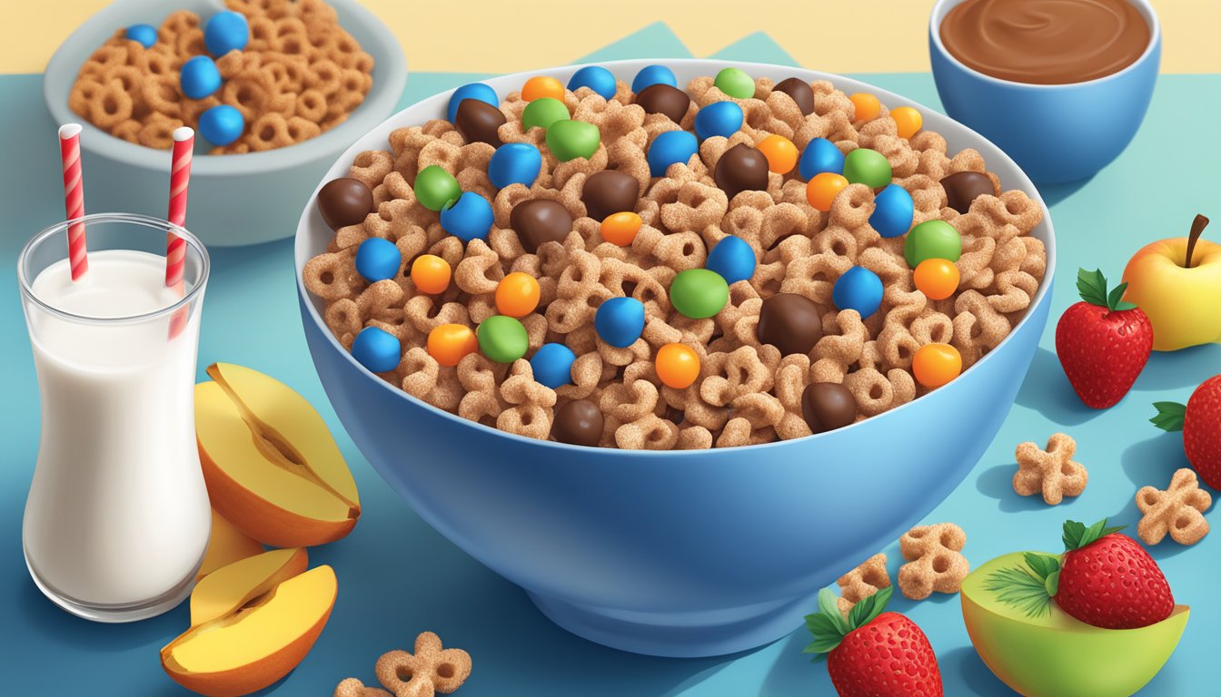 A bowl of Cocoa Krispies and Kellogg's Apple Jacks surrounded by milk and fresh fruit