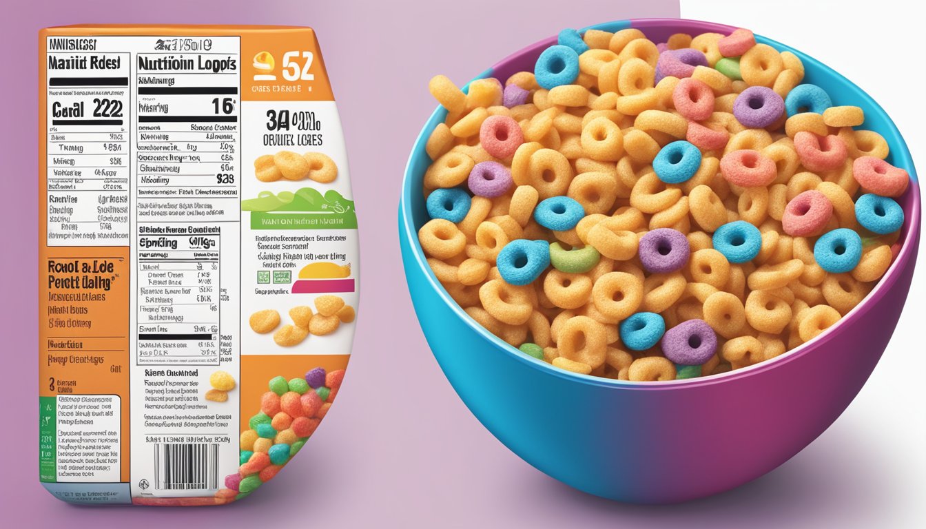 A bowl of Cheerios and a bowl of Kellogg's Froot Loops side by side, with nutritional information labels next to each