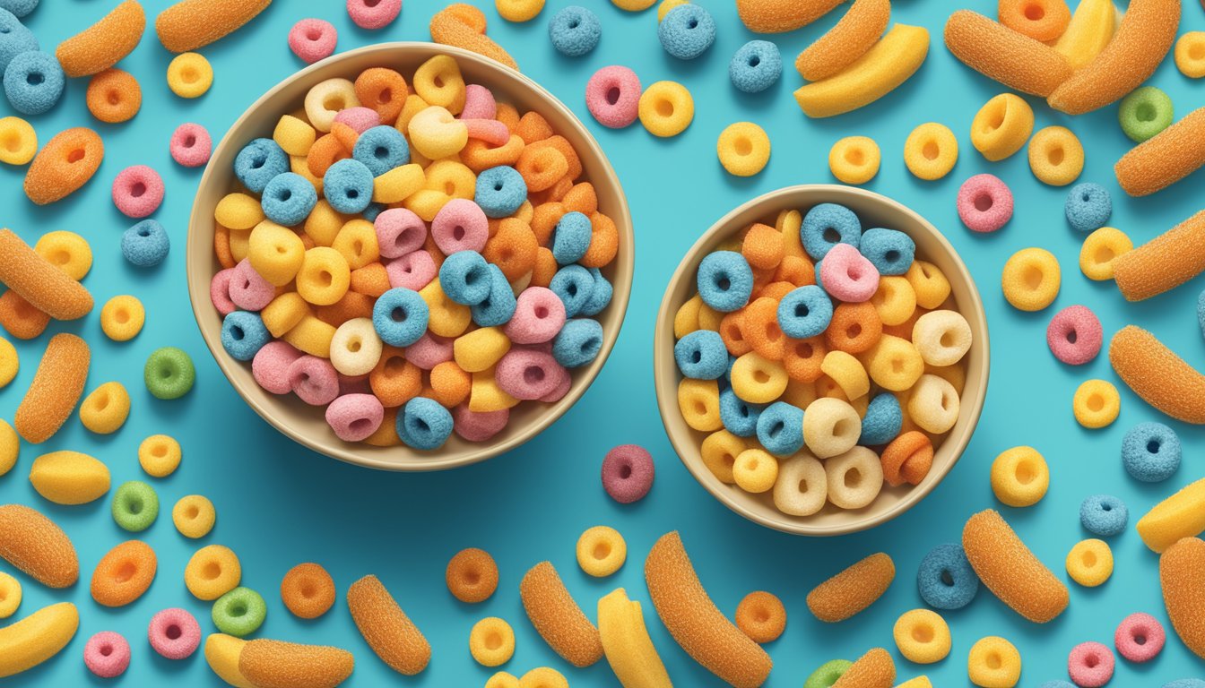 A bowl of Cheerios and a bowl of Froot Loops sit side by side, surrounded by images of fresh fruits and nutritional information