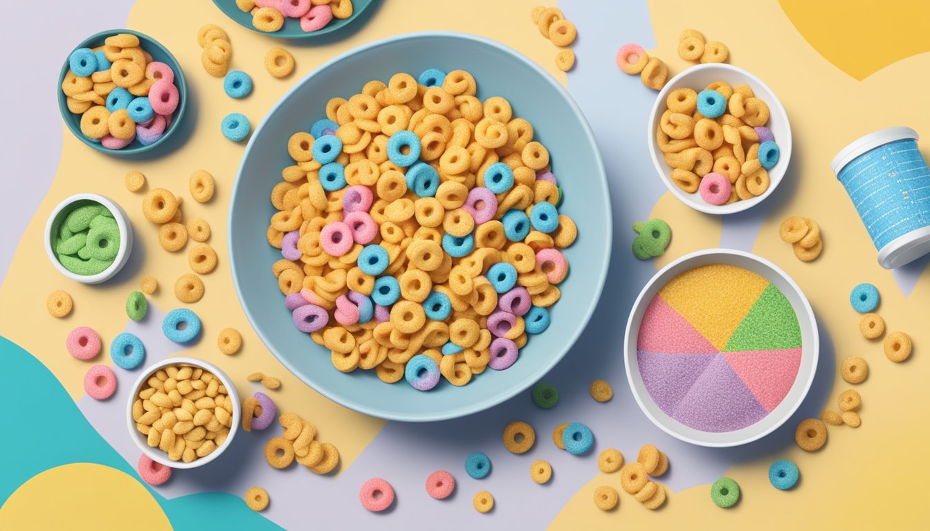 A bowl of Cheerios and a bowl of Froot Loops surrounded by nutritional labels and a measuring tape