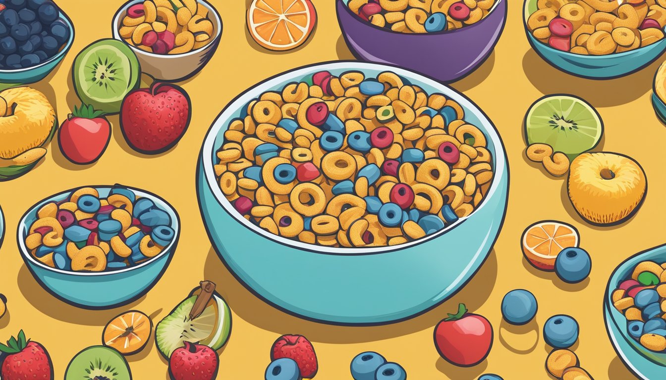 A bowl of Cheerios and a bowl of Kellogg's Froot Loops side by side, surrounded by various fruits and a measuring tape