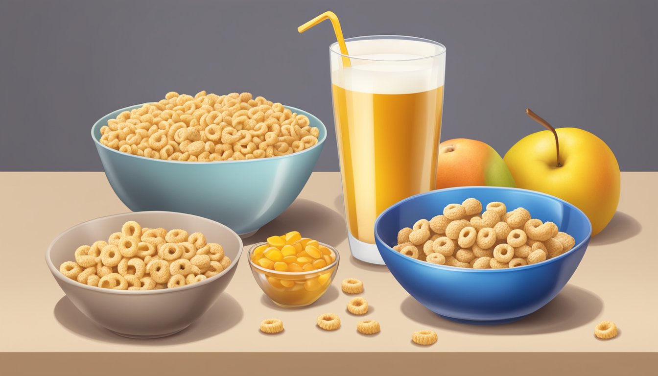 A bowl of honey nut cheerios and a bowl of rice krispies surrounded by fresh fruit and a glass of milk