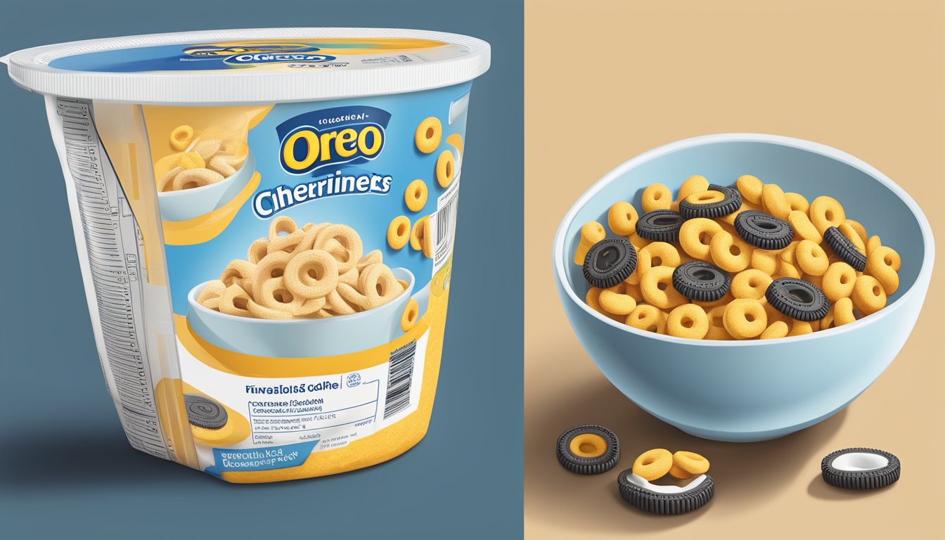 A bowl of Cheerios and a bowl of Oreo O's side by side with a measuring tape and nutritional labels next to them