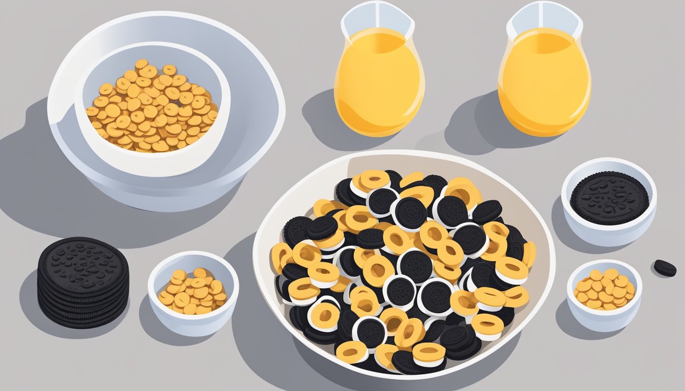 A bowl of Cheerios and a bowl of Oreo O's surrounded by nutritional labels and a scale