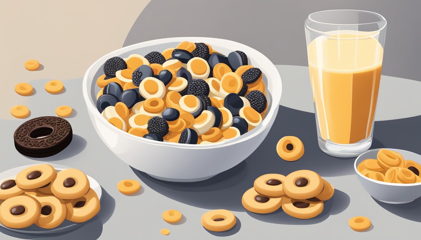 A bowl of Cheerios surrounded by fresh fruit and a glass of milk, contrasting with a bowl of Oreo O's surrounded by cookies and chocolate milk