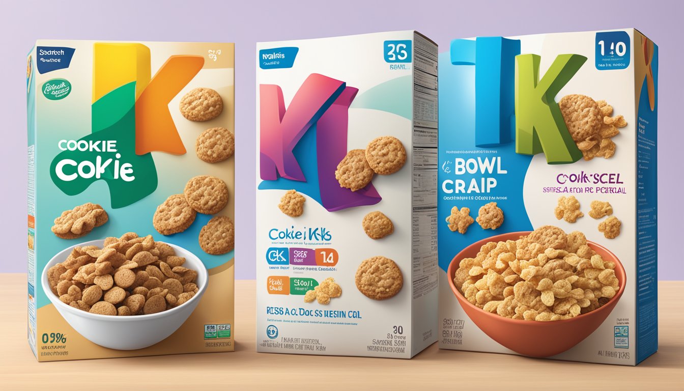 A bowl of Cookie Crisp and Special K cereal side by side with their respective nutritional profiles displayed next to them