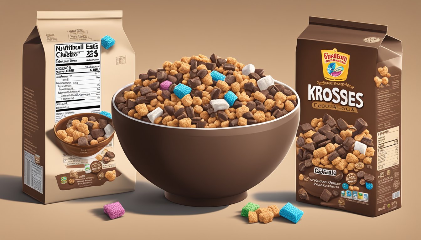 A bowl of cocoa krispies and count chocula cereal boxes surrounded by nutritional labels and ingredient lists