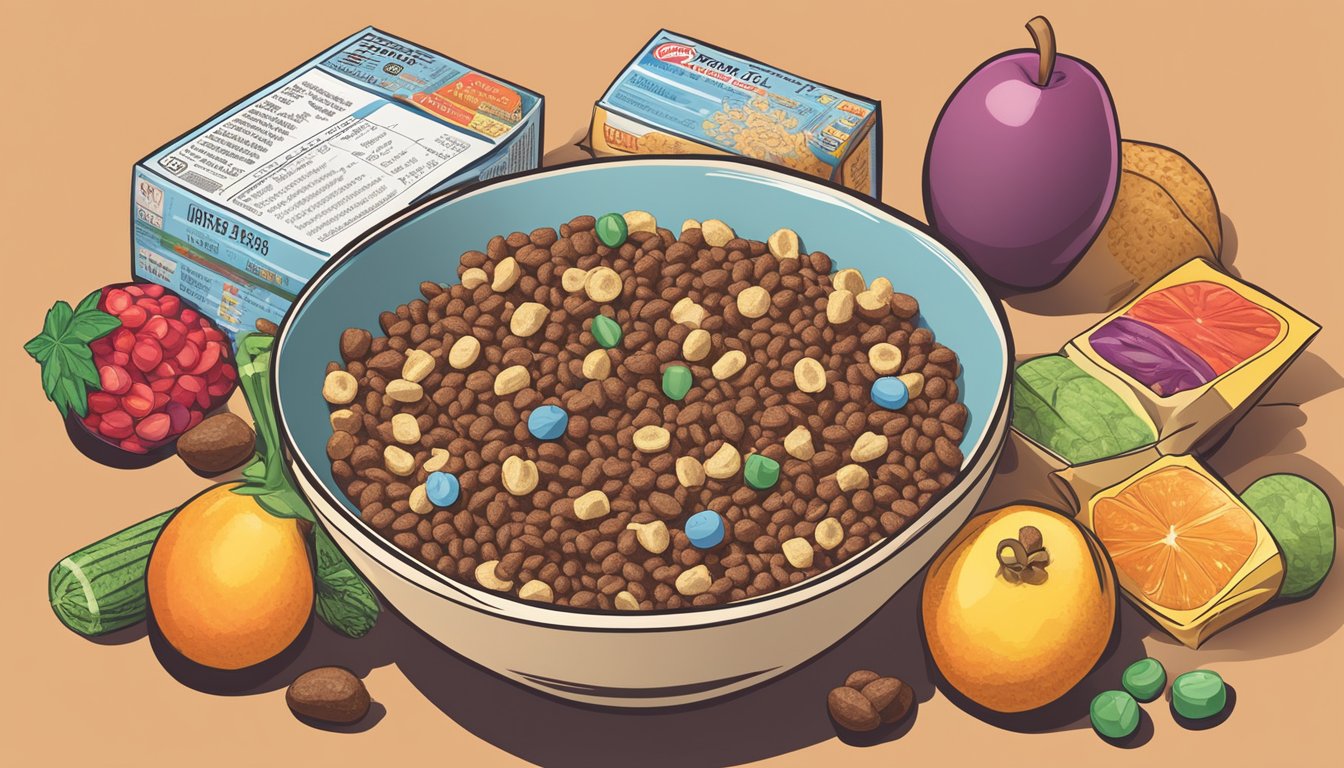 A bowl of Cocoa Krispies and Count Chocula cereal boxes surrounded by various fruits and vegetables, with a tape measure and nutritional information displayed nearby